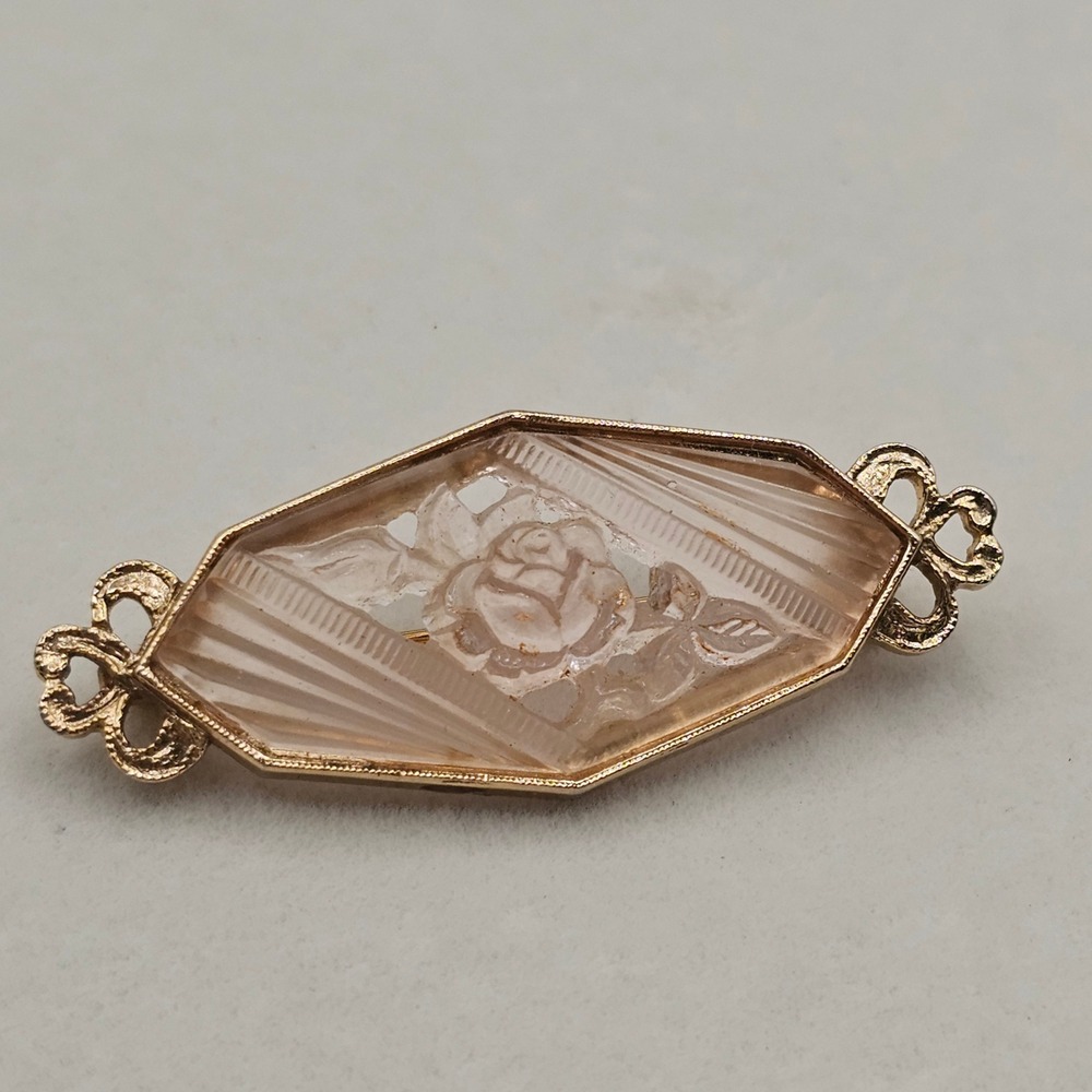 Art Deco Revival Frosted Molded Glass Brooch Blush Floral Rose Bar Pin 2"